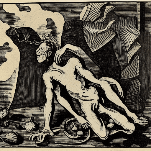 18th century woodcut, starvation, demon