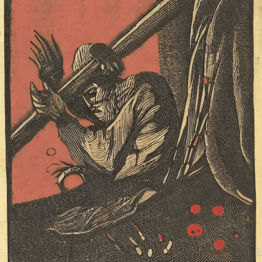 18th century woodcut, evil, red highlights, blind eyes