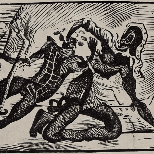 18th century linocut, nightmare, web, red highlights